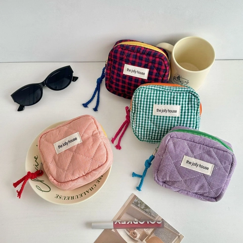 Quilted Checkered Small Cosmetic Bag Cotton Gingham Makeup Pouch Mini Storage Organizer Zipper Closure For Travel