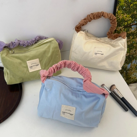 Borsa In Velluto A Coste Con Manico Arricciato Blocchi Di Colore Morbida Cerniera Custodia Per Cosmetici Giornaliera
