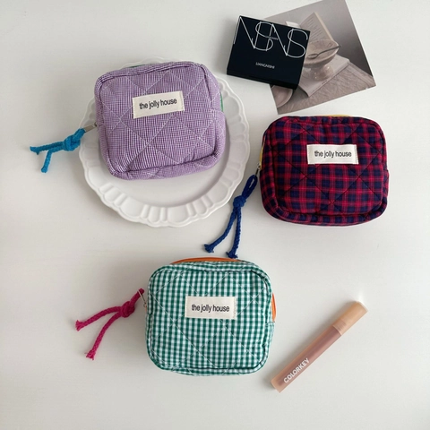 Quilted Checkered Small Cosmetic Bag Cotton Gingham Makeup Pouch Mini Storage Organizer Zipper Closure For Travel