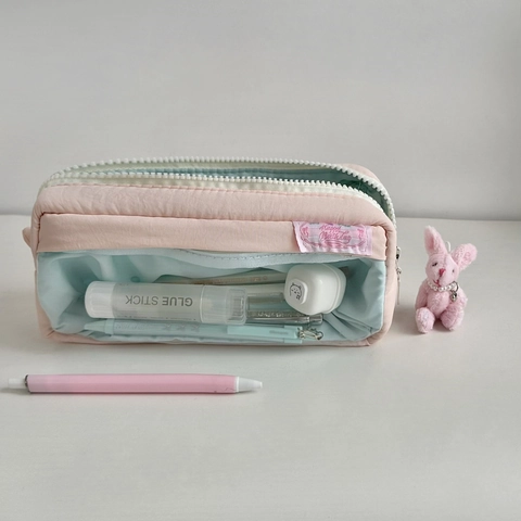 Trousse À Crayons Grande Capacité Toile Matelassée Pochette De Papeterie Avec Fenêtre Transparente Rose