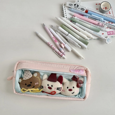 Trousse À Crayons Grande Capacité Toile Matelassée Pochette De Papeterie Avec Fenêtre Transparente Rose