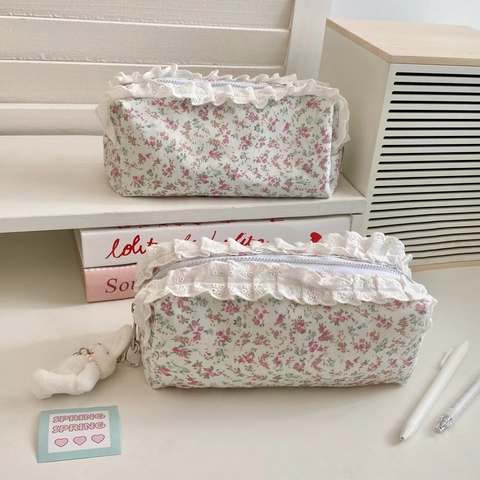 Estuche De Lápices De Tela Floral Dulce Con Adorno De Encaje Bolsa De Almacenamiento De Papelería De Gran Capacidad Estilo Coreano