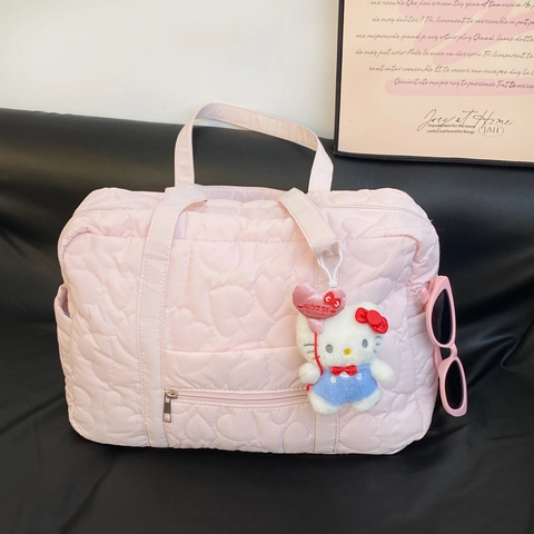 Pink Heart Quilted Travel Duffel Bag Large Capacity Lightweight Shoulder Tote With Trolley Sleeve For Women Sweet