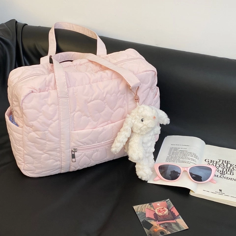 Pink Heart Quilted Travel Duffel Bag Large Capacity Lightweight Shoulder Tote With Trolley Sleeve For Women Sweet