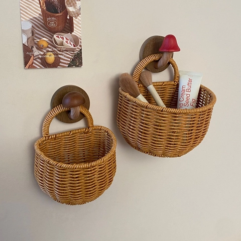 Cesto Portaoggetti Da Parete Intrecciato PP Imitazione Rattan Semicircolare Organizzatore Frutta Verdura Manico Arredo Retro