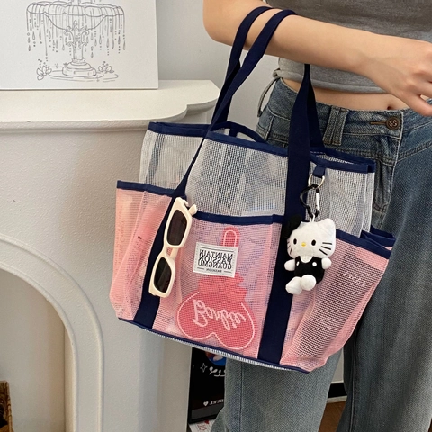Borsa In Rete Traspirante Multitasche Grande Capacità Portatile Blocchi Di Colore Organizzatore Per Spiaggia Nuoto Viaggio Doccia