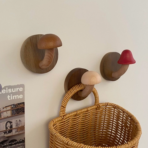 Mushroom Wall Hook Creative Solid Wood Self Adhesive Decorative Hanger For Home Entrance Door Hallway Aesthetic Hanger