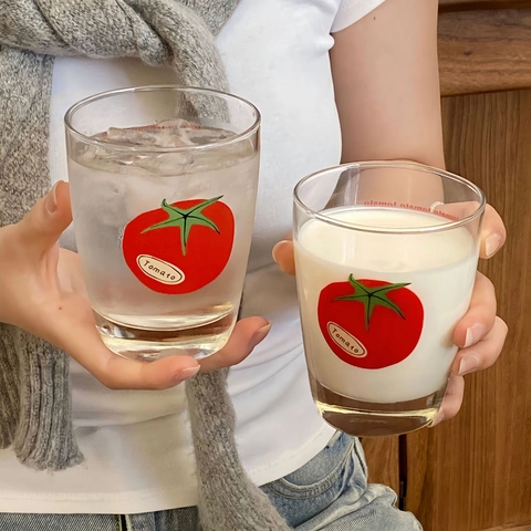 Tomato Pattern Glass Cup Korean Ins Style Thick Bottom Drinking Tumbler For Milk Juice Transparent Water Glass