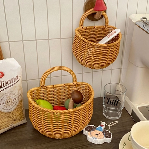 Cesto Portaoggetti Da Parete Intrecciato PP Imitazione Rattan Semicircolare Organizzatore Frutta Verdura Manico Arredo Retro