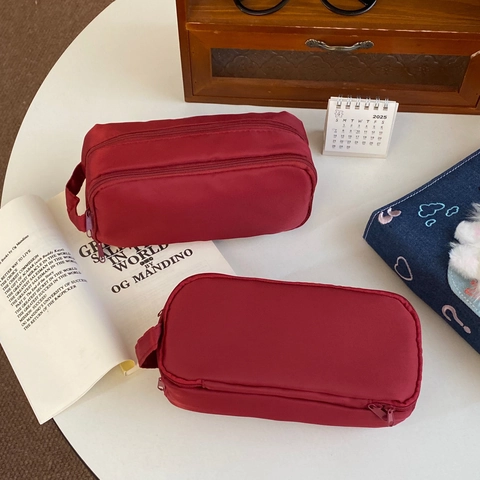 Large Capacity Pencil Case Japanese Minimalist Nylon Double Zipper Multi-layer Stationery Storage Bag With Handle