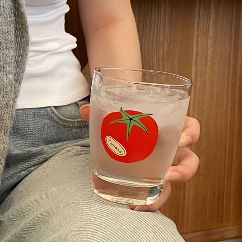 Tomato Pattern Glass Cup Korean Ins Style Thick Bottom Drinking Tumbler For Milk Juice Transparent Water Glass