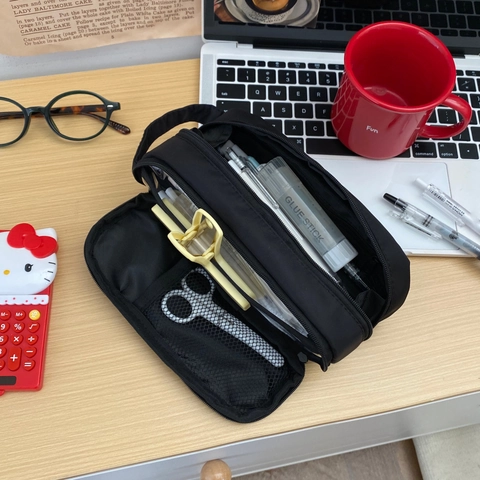 Large Capacity Pencil Case Multi-layer Stationery Bag Portable Nylon Zipper Storage Pouch Solid Color For Office School