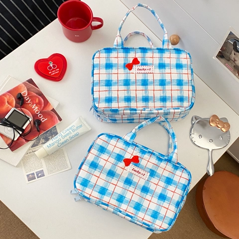 Kosmetiktasche Mit Schleife Große Kapazität Tragbare Karierte Stoff Handtasche Make Up Aufbewahrung Organizer Für Damen
