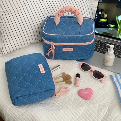Aesthetic Quilted Denim Cosmetic Bag Portable Travel Toiletry Pouch Large Capacity Makeup Organizer For Women