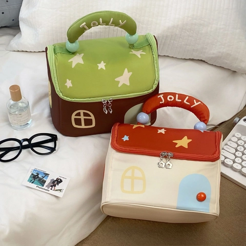 Borsa Trucchi Creativa Forma Di Casa Grande Capacità Organizzatore Cosmetici Tessuto Portatile Viaggio Motivo Stelle Carina