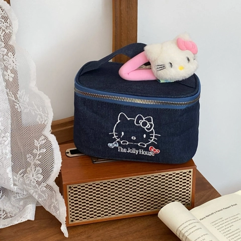 Cute Cartoon Cat Embroidery Denim Makeup Bag Large Capacity Travel Cosmetic Pouch Portable Handheld Toiletry Storage Case