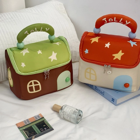 Borsa Trucchi Creativa Forma Di Casa Grande Capacità Organizzatore Cosmetici Tessuto Portatile Viaggio Motivo Stelle Carina