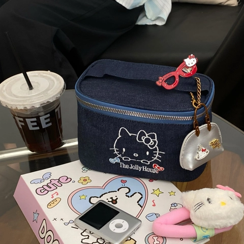 Cute Cartoon Cat Embroidery Denim Makeup Bag Large Capacity Travel Cosmetic Pouch Portable Handheld Toiletry Storage Case