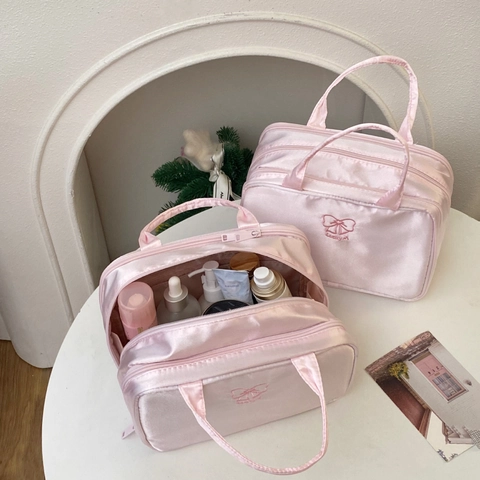 Kosmetiktasche Satin Große Kapazität Reise Make-up Organizer Mit Schleife Stickerei Tragbare Beauty Tasche Für Frauen