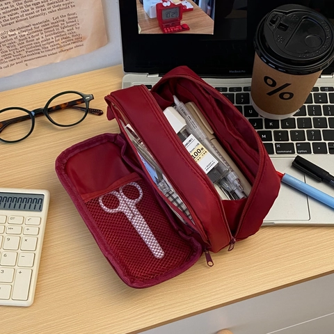 Double Layer Nylon Pencil Case Large Capacity Handheld Stationery Pouch Multifunctional Zippered Organizer For School Office