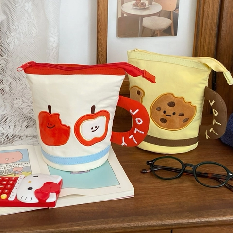 Astuccio In Tela A Forma Di Tazza Ricamo Carino Biscotto Mela Cartone Animato Custodia Per Cancelleria Con Maniglia Per Studenti