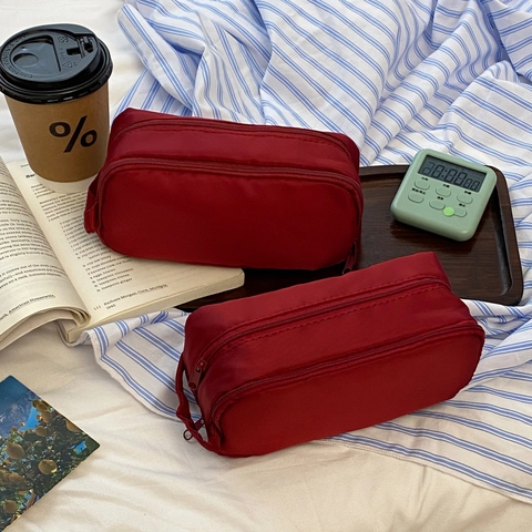 Large Capacity Pencil Case Japanese Minimalist Nylon Double Zipper Multi-layer Stationery Storage Bag With Handle