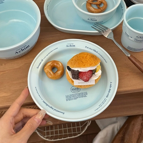 Lichtblauw Keramisch Servies Engelse Letterprint Scandinavische Stijl Bord Kom Beker Verdeeld Bord Huis Keuken Ontbijt