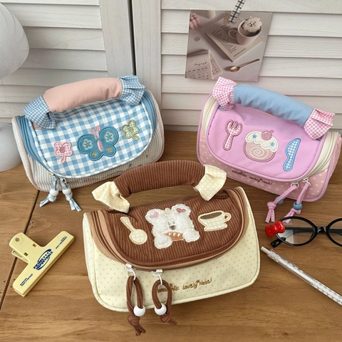 Astuccio In Velluto A Coste Tela Grande Capacità Borsa Per Cancelleria Portatile Ricamo Macaron Carino Per Ragazze