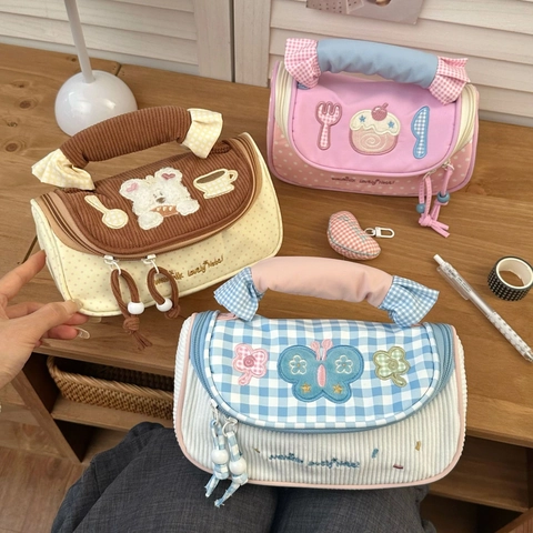 Astuccio In Velluto A Coste Tela Grande Capacità Borsa Per Cancelleria Portatile Ricamo Macaron Carino Per Ragazze