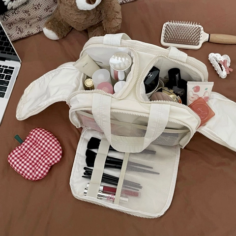 Große Kosmetiktasche Gestepptes Nylon Tragbare Reise Make-up Organizer Multifach Kulturbeutel Damen