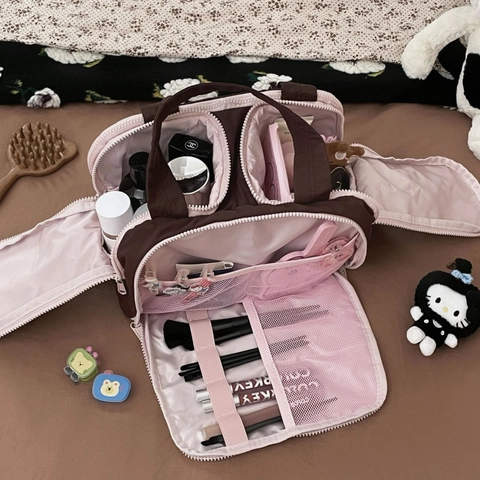 Grand Sac Cosmétique En Nylon Compartiments Multiples Organisateur De Maquillage Voyage Ouverture Large Poignée Portable Trousse
