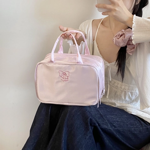 Satin Makeup Bag Large Capacity Multi Compartment Portable Travel Toiletry Wash Bag With Bow Embroidery For Women