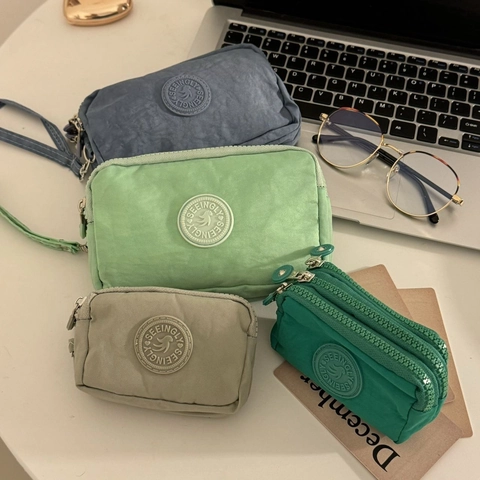 Nylon Coin Purse Waterproof Multi Layer Zipper Handbag With Wrist Strap Solid Color Travel Organizer Wallet For Women