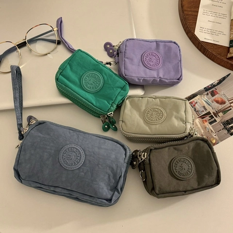 Nylon Coin Purse Waterproof Multi Layer Zipper Handbag With Wrist Strap Solid Color Travel Organizer Wallet For Women