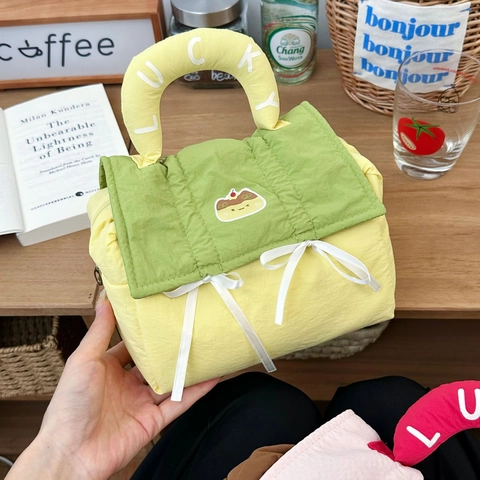 Neceser De Tela Acolchada De Gran Capacidad Bolso De Mano Portátil Con Parche De Dibujos Animados Lazo Color Contraste