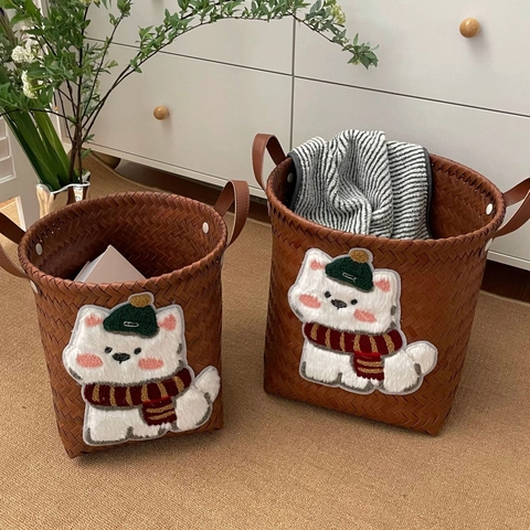 Woven Faux Rattan Laundry Basket Large Capacity Storage Bin With Leather Straps And Cute Cartoon Puppy Patch Organizer