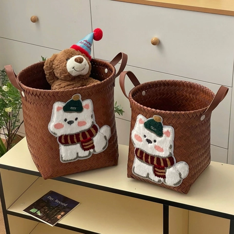 Woven Faux Rattan Laundry Basket Large Capacity Storage Bin With Leather Straps And Cute Cartoon Puppy Patch Organizer