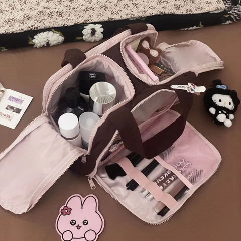 Große Nylon Kosmetiktasche Mit Mehreren Fächern Reise Make Up Organizer Weite Öffnung Tragbarer Griff Kulturbeutel