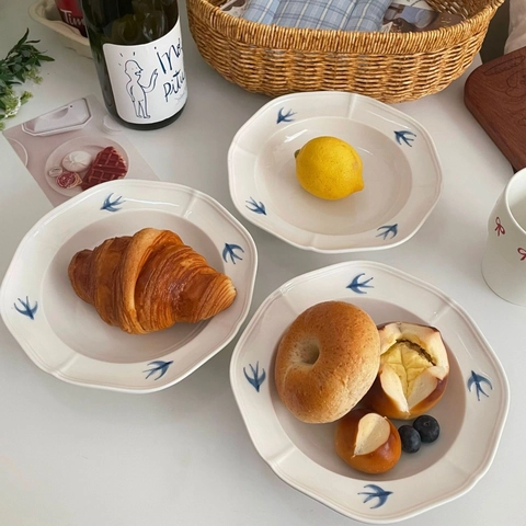 Piatto Dessert Ceramica Motivo Rondine Blu Bordo Goffrato Stile Giapponese Retrò Piatto Per Torta