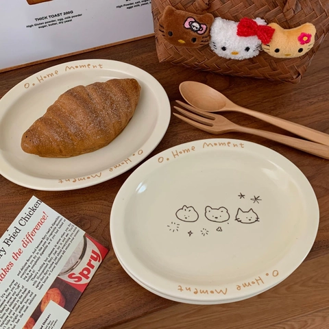 Keramik Speiseteller Handgezeichnete Katze Stern Muster Cremig Beige Oval Salat Frühstück Obst Dessert Teller Koreanisch