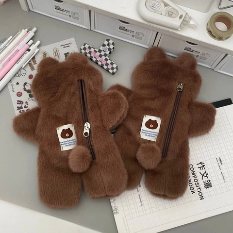 Astuccio In Morbido Peluche Forma Di Orso Cartone Animato Custodia Per Cancelleria Chiusura A Zip Per Studenti