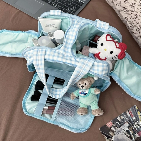 Large Capacity Cosmetic Bag Nylon Waterproof Gingham Pattern Travel Toiletry Organizer Portable Case Makeup Storage
