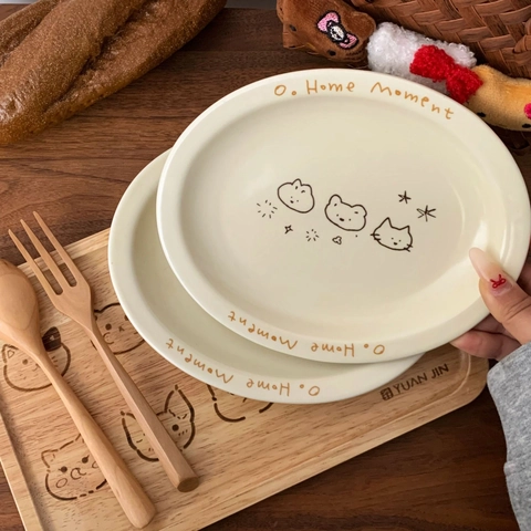 Keramik Speiseteller Handgezeichnete Katze Stern Muster Cremig Beige Oval Salat Frühstück Obst Dessert Teller Koreanisch