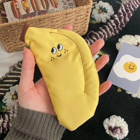 Bananenförmige Leinwand Münzbörse Mini Kopfhörer Aufbewahrungstasche Cartoon Gesicht Stickerei Student Kleiner Beutel