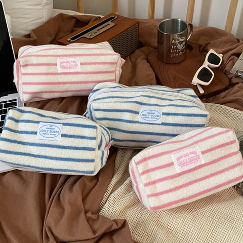 Gestreifte Frottee-Kosmetiktasche Tragbare Make-up-Tasche Weiche Reise-Kulturbeutel Wasch-Organizer Für Frauen