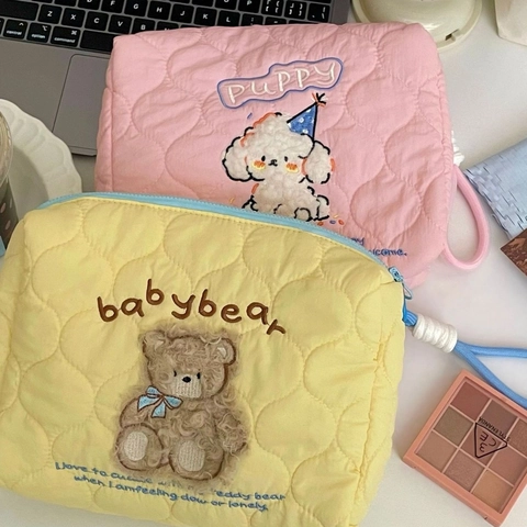 Trousse De Maquillage En Coton Matelassé Kawaii Pochette Cosmétique Avec Broderie Animale Organisateur De Voyage Pour Femmes
