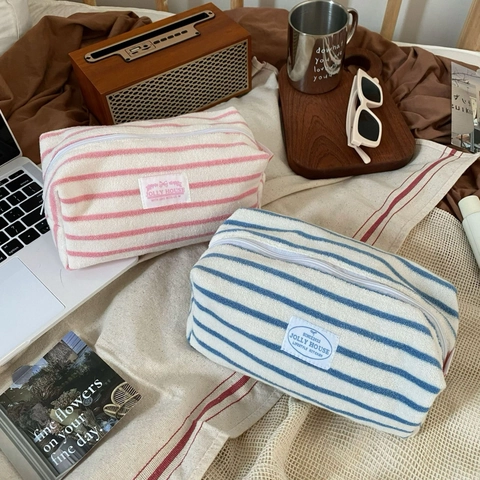 Gestreifte Frottee-Kosmetiktasche Tragbare Make-up-Tasche Weiche Reise-Kulturbeutel Wasch-Organizer Für Frauen