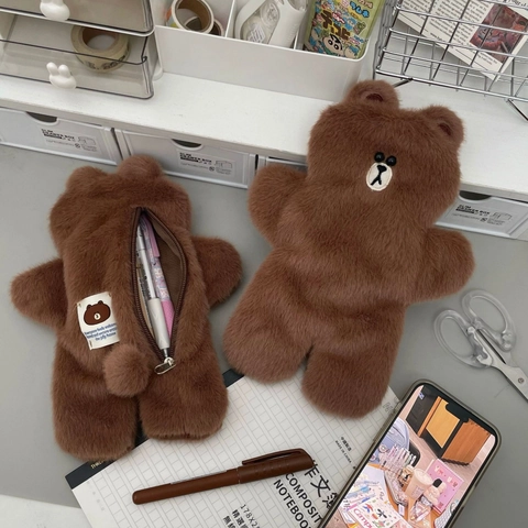 Astuccio In Morbido Peluche Forma Di Orso Cartone Animato Custodia Per Cancelleria Chiusura A Zip Per Studenti