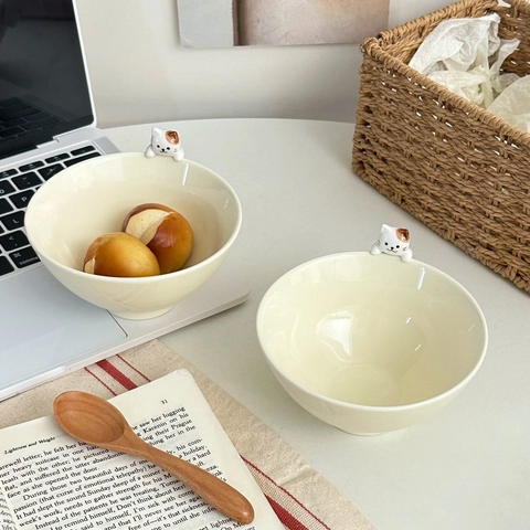Cute Ceramic Bowl With 3D Cat Figurine Decorative Porcelain Dessert Rice Bowl Japanese Style Animal Theme Tableware