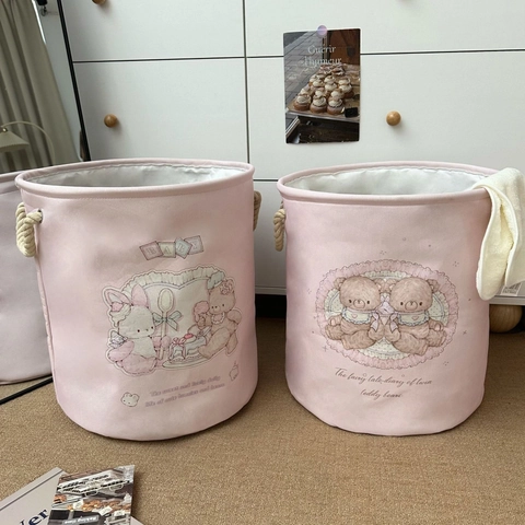 Cotton Linen Laundry Hamper Large Capacity Foldable Storage Basket With Rope Handles Cartoon Bear Rabbit For Nursery